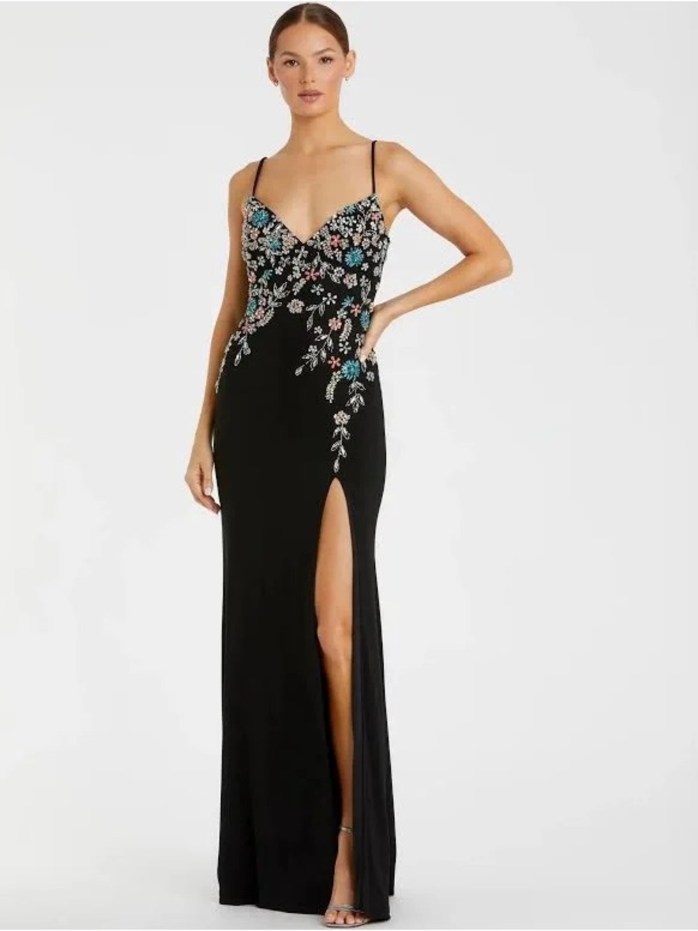 Mac Duggal Elegant Black Evening Gown with Floral beaded stud